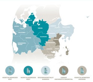 Kort over kommuner og hospitaler i Region Midtjylland